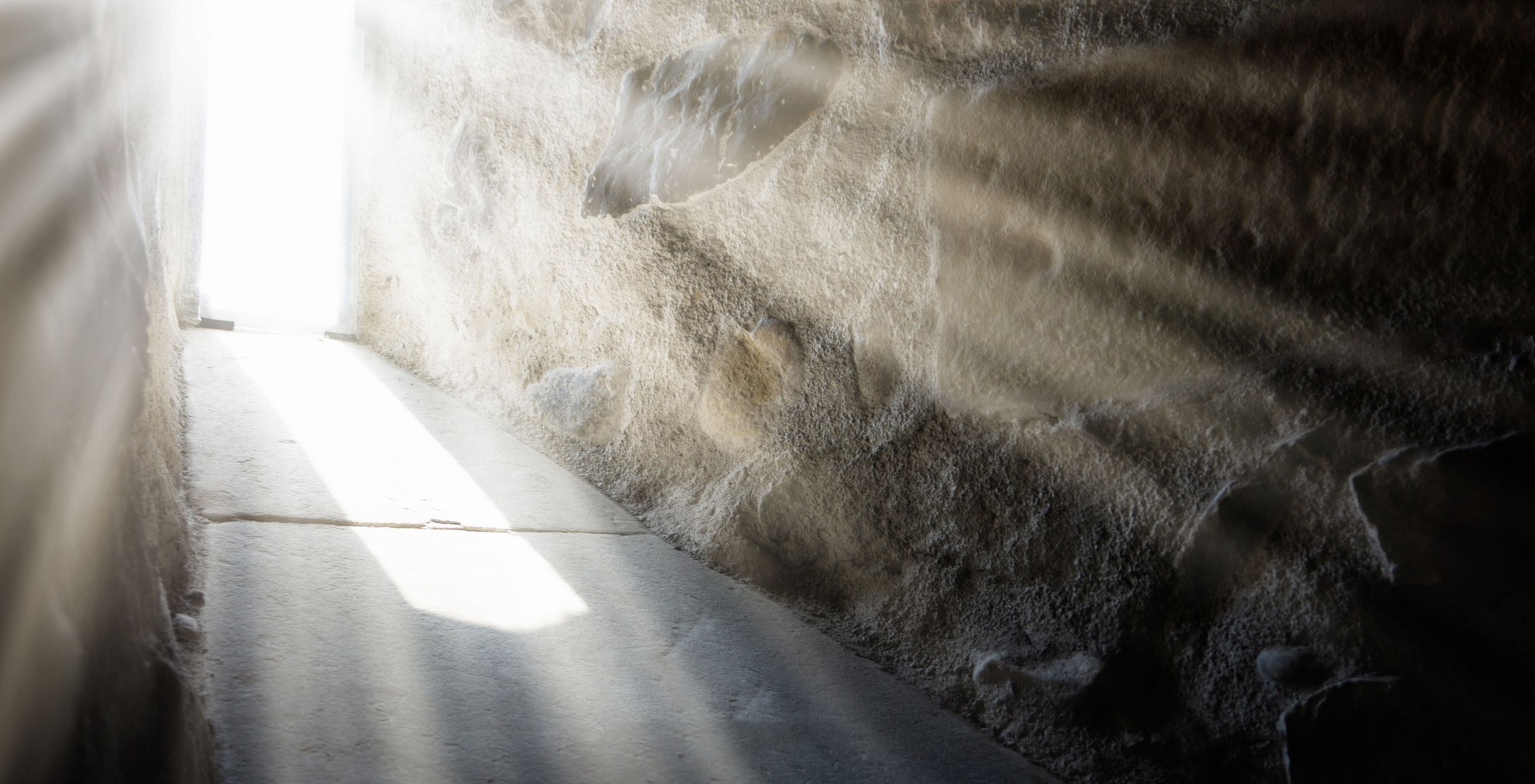 easter resurrection jesus christ, light rays into the empty tomb, christian holiday background concept